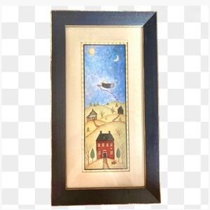 FLY ANGEL PRINT FRAMED FOLK ART PRIMITIVE RUSTIC ANGEL DROP HEARTS WOOD FRAME
